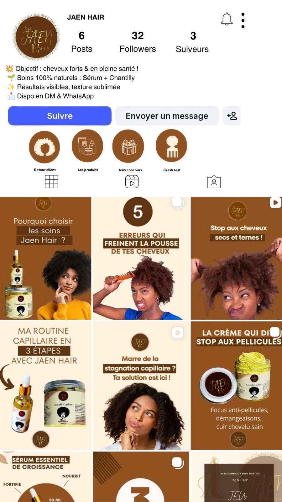 Compte Instagram de Jaen Hair après : charte brun et crème cohérente et contenus à accroche