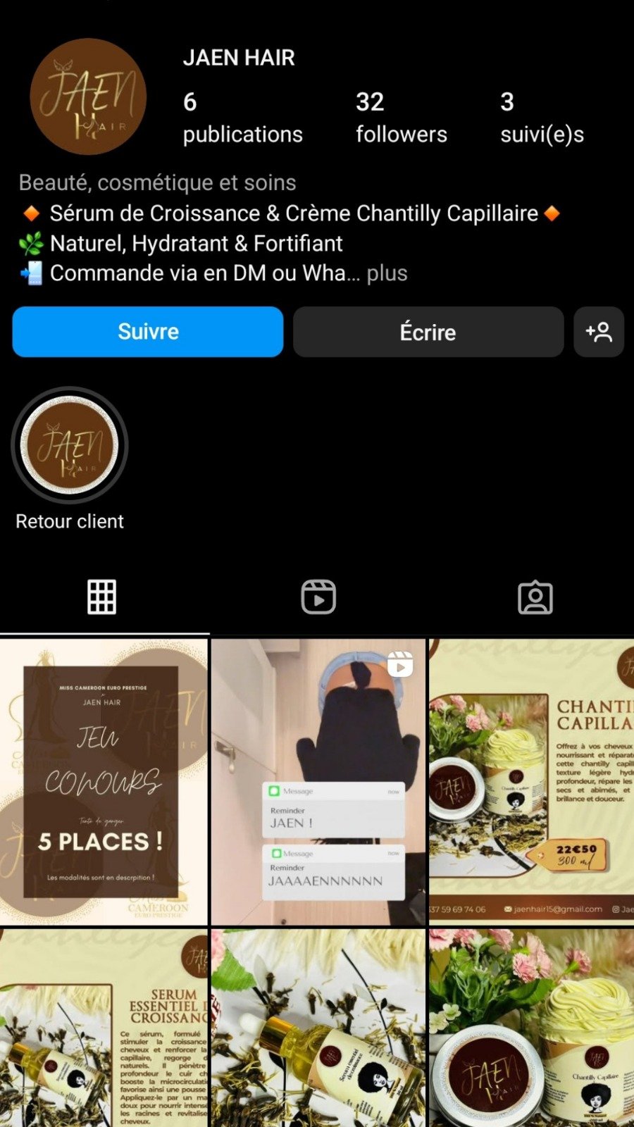 Compte Instagram de Jaen Hair avant : six publications aux visuels disparates