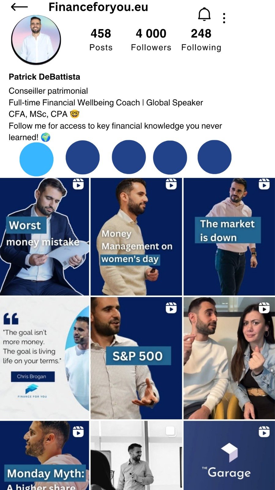 Compte Instagram de Finance For You après : charte bleu marine homogène et titres en cartouches
