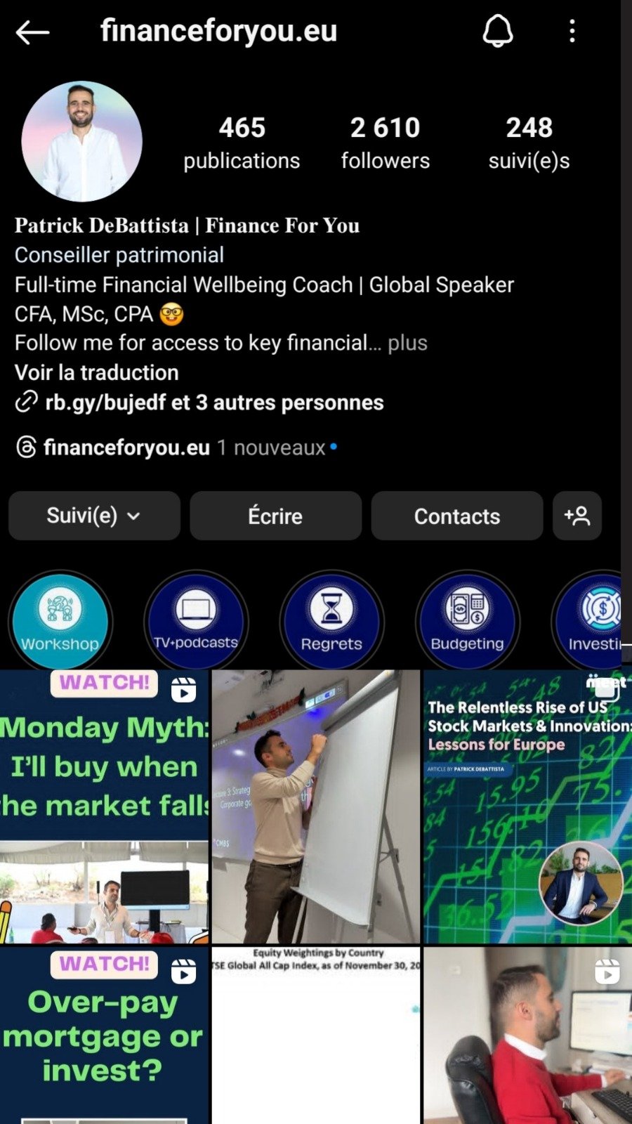 Compte Instagram de Finance For You avant : grille hétérogène mêlant plusieurs styles et couleurs