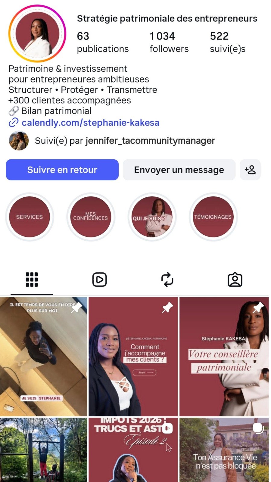 Compte Instagram de Stéphanie Kakesa après : grille bordeaux cohérente, bio structurée et rubriques à la une