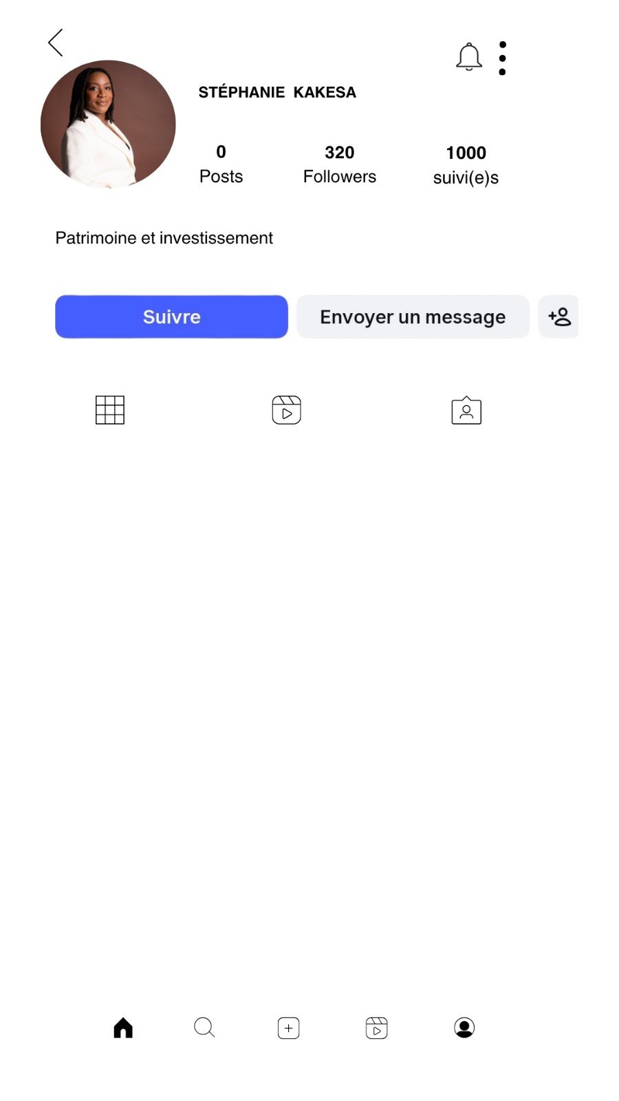 Compte Instagram de Stéphanie Kakesa avant : aucune publication et une bio d’une ligne